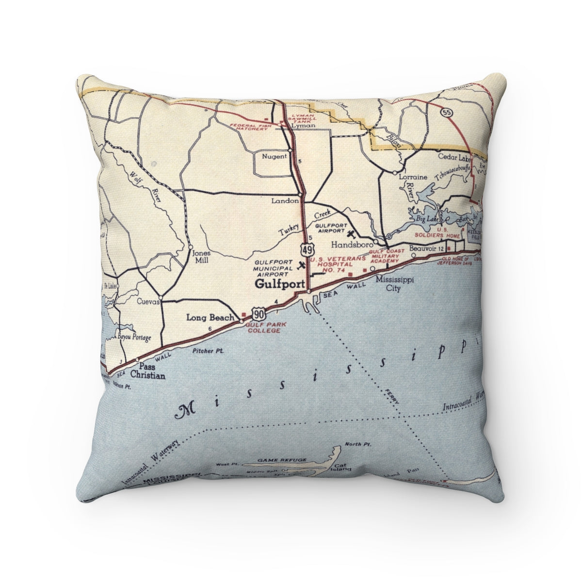 Gulfport Mississippi vintage map pillow