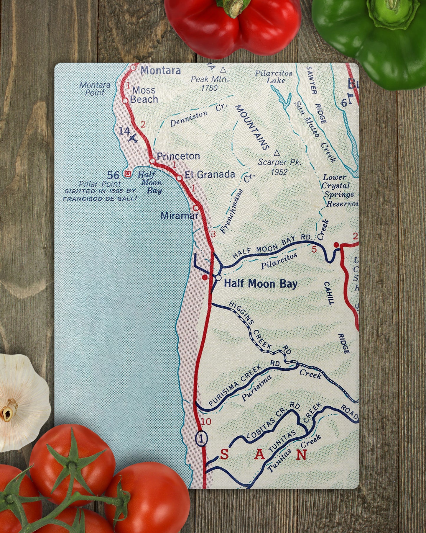 Half Moon Bay California Vintage Map Glass Cutting Board