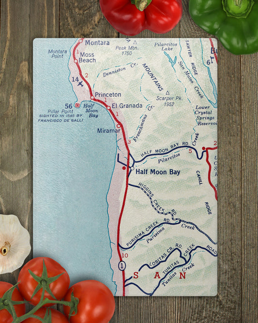 Half Moon Bay California Vintage Map Glass Cutting Board