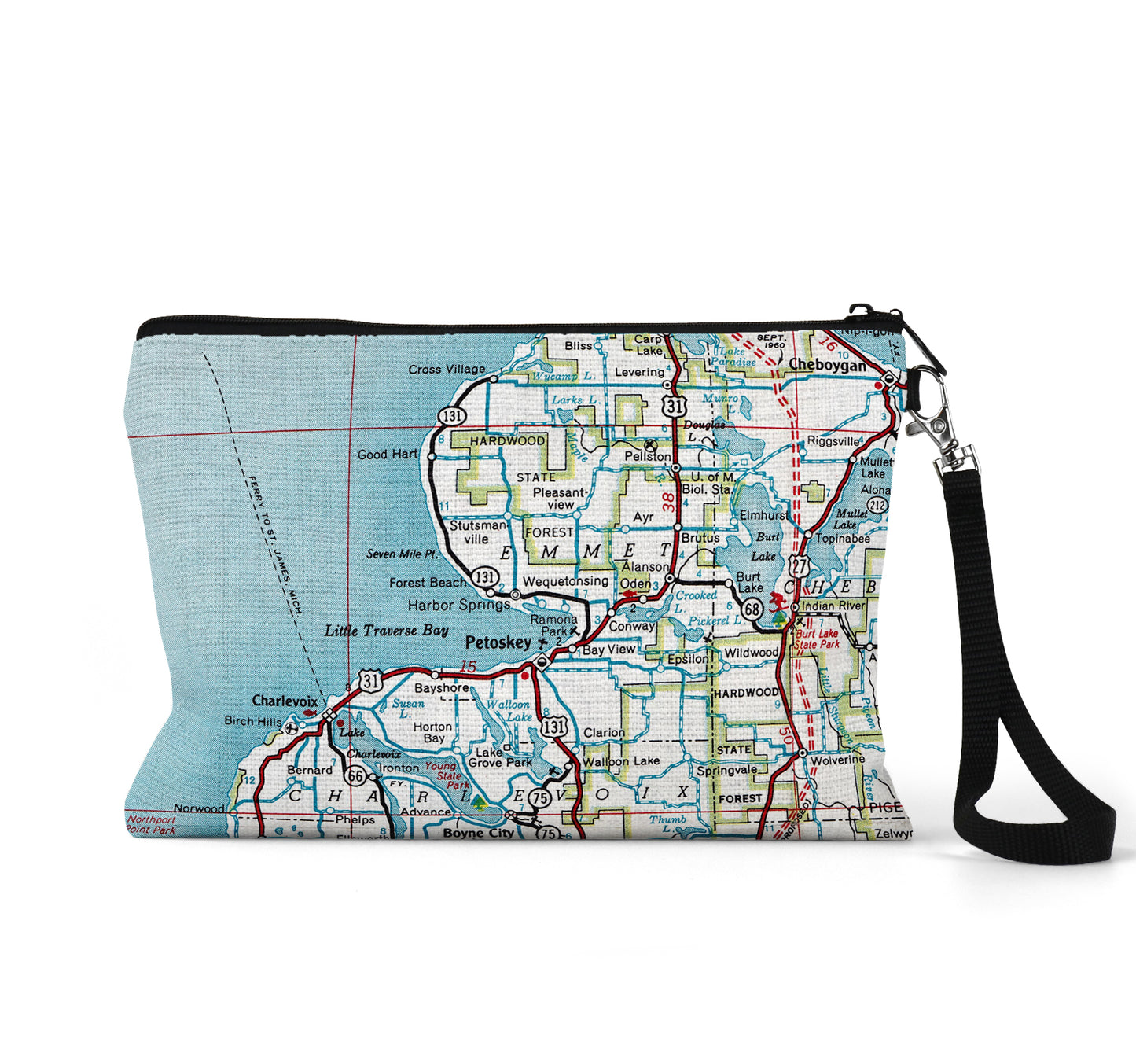 Harbor Springs Michigan map wristlet travel pouch