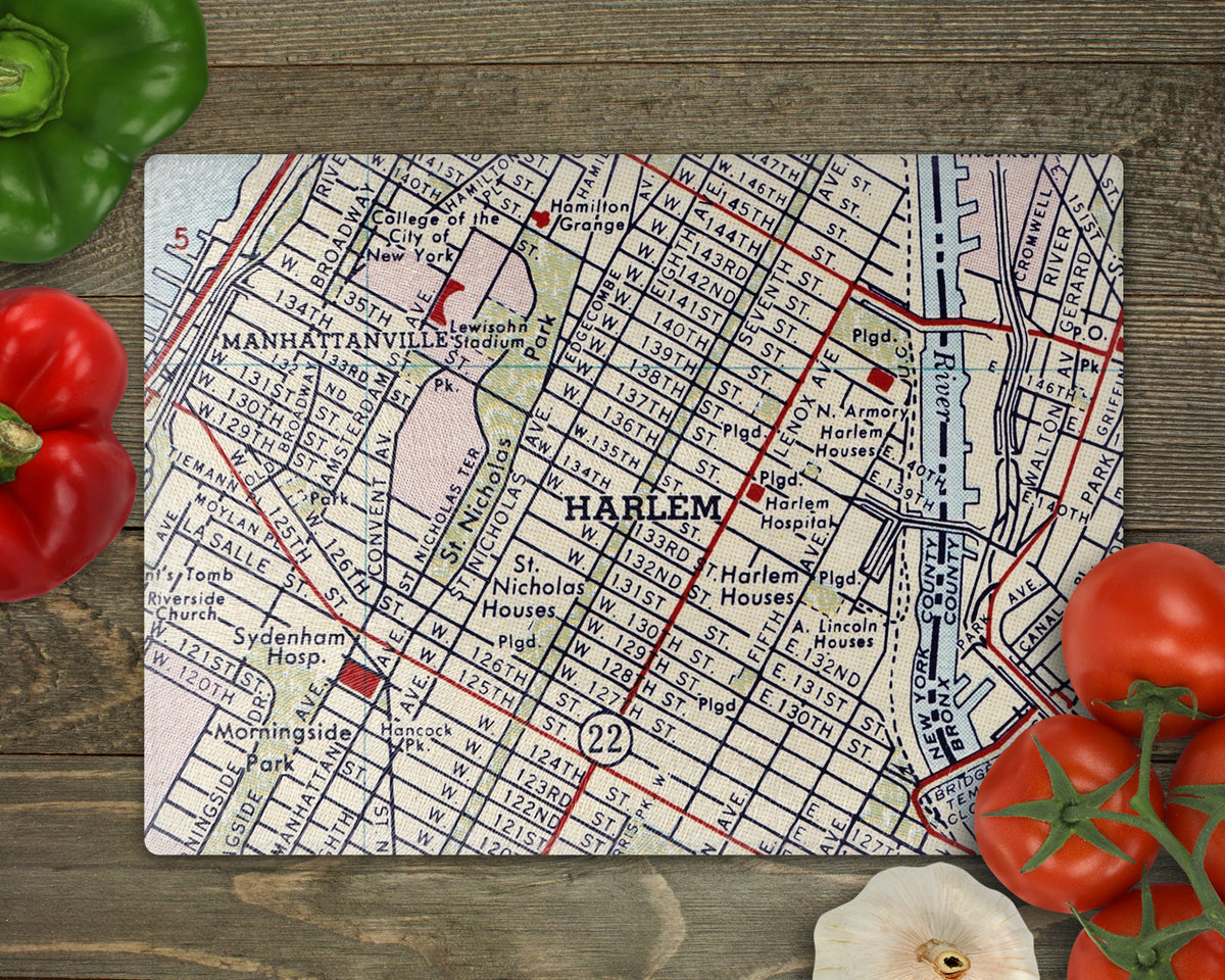 Harlem New York vintage map glass cutting board