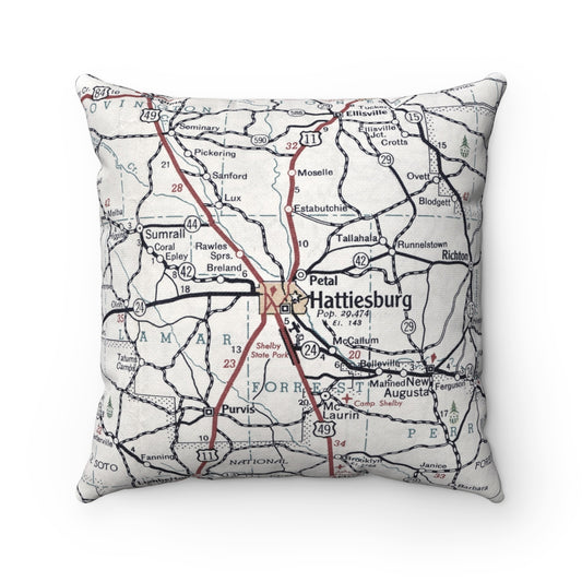 Hattiesburg Mississippi vintage map pillow