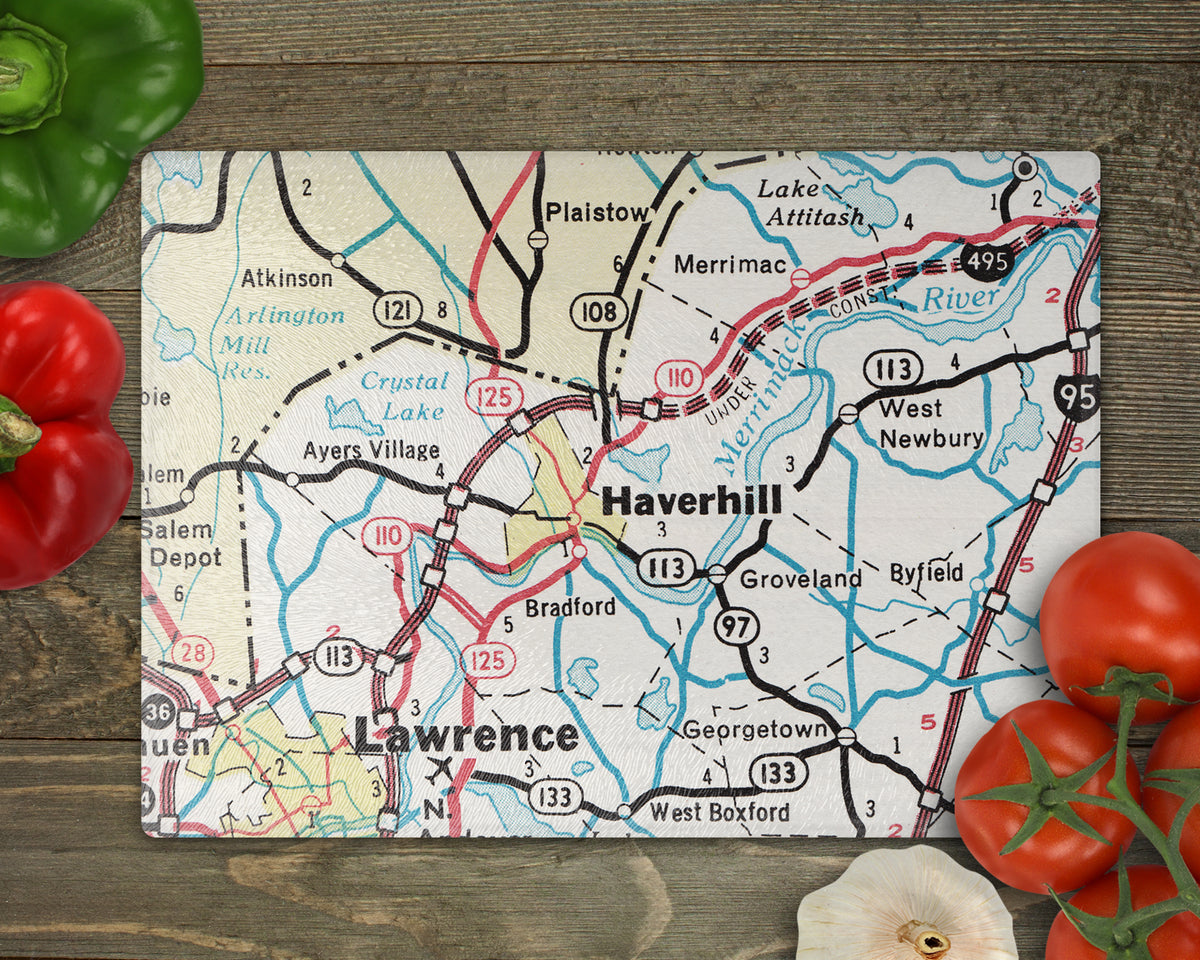Haverhill Massachusetts Vintage Map Glass Cutting Board