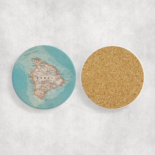 Hawaii Big Island Map Coasters | Set of 4 Vintage Hawaii Big Island Drink Coasters | Travel-Inspired Home Decor