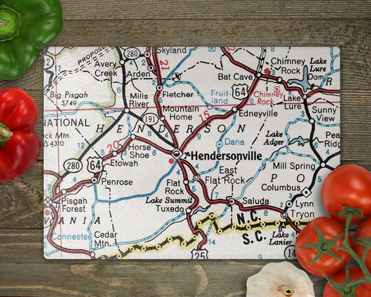 Hendersonville North Carolina Vintage Map Glass Cutting Board