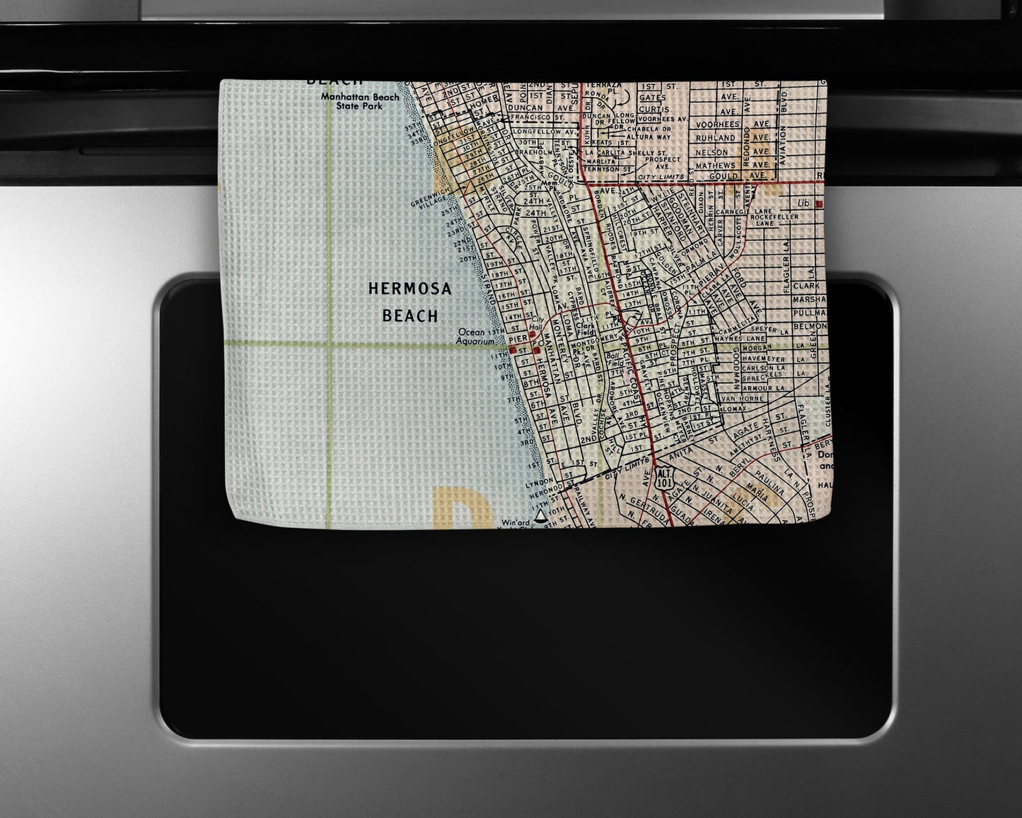 Hermosa Beach California Map Tea Towel | Waffle-Weave Kitchen Towel Gift