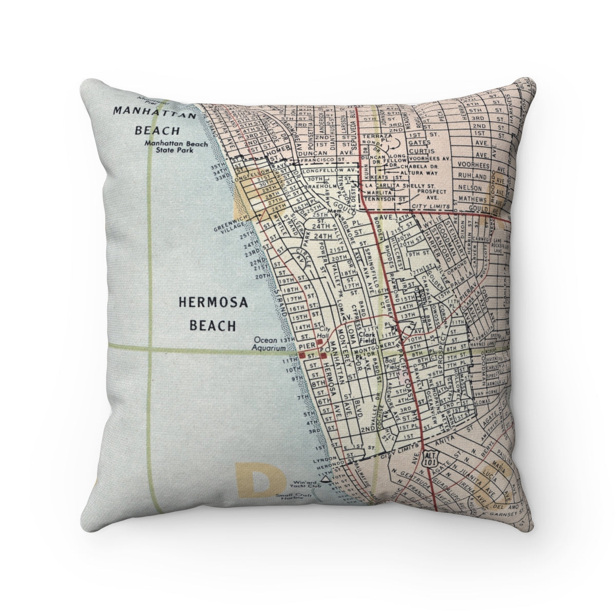Hermosa Beach California vintage map pillow