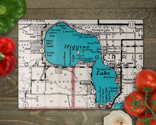 Higgins Lake Michigan vintage map glass cutting board