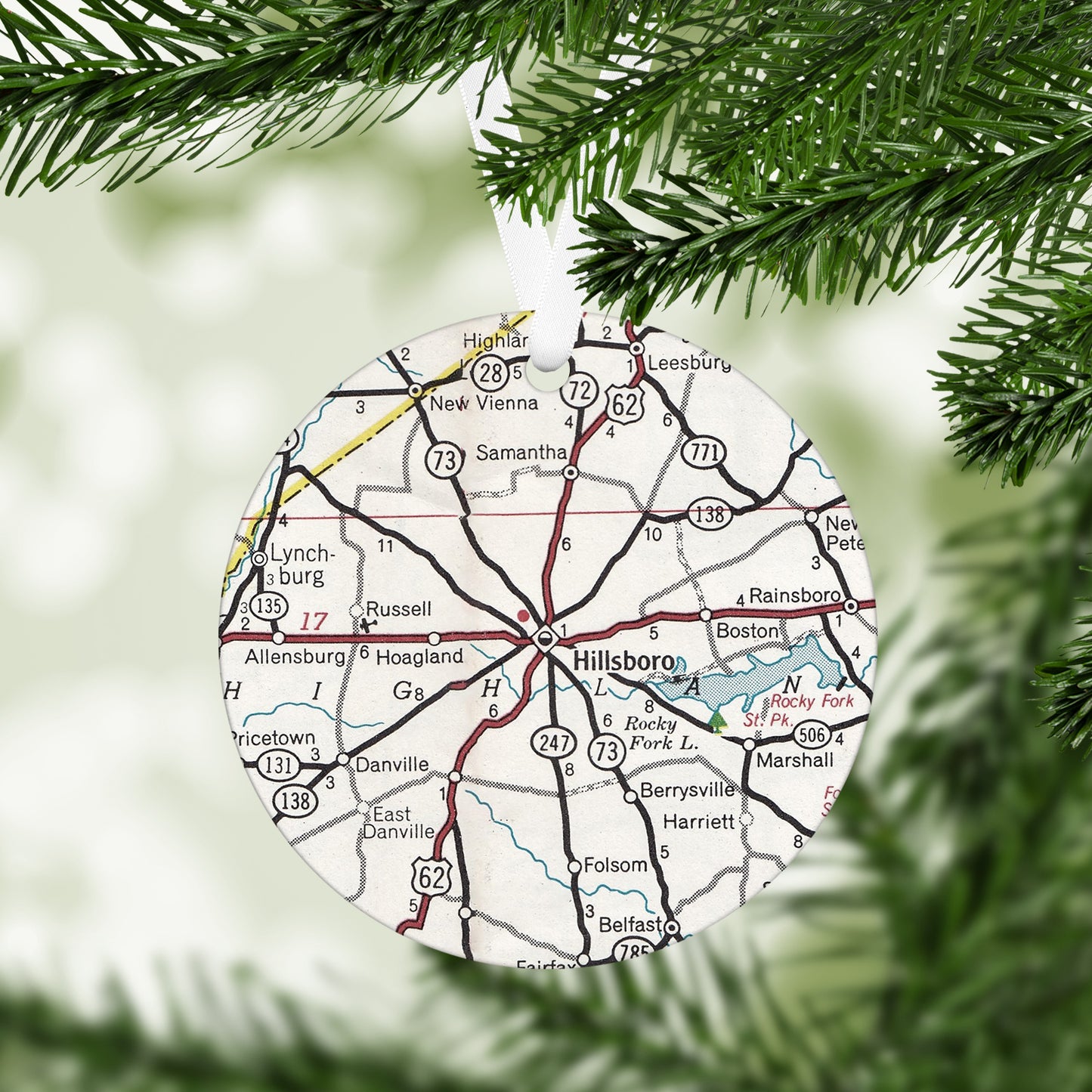 Hillsboro Ohio Vintage Map Ornament