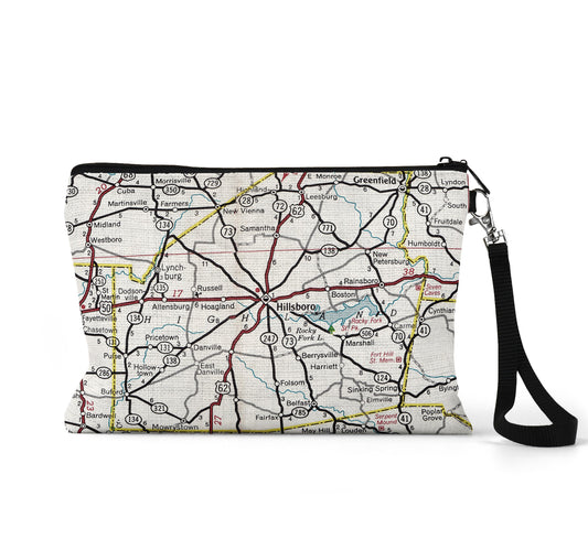Hillsboro Ohio map wristlet travel pouch