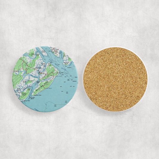 Hilton Head Island Map Coaster Set of 4 – Round Ceramic & Cork