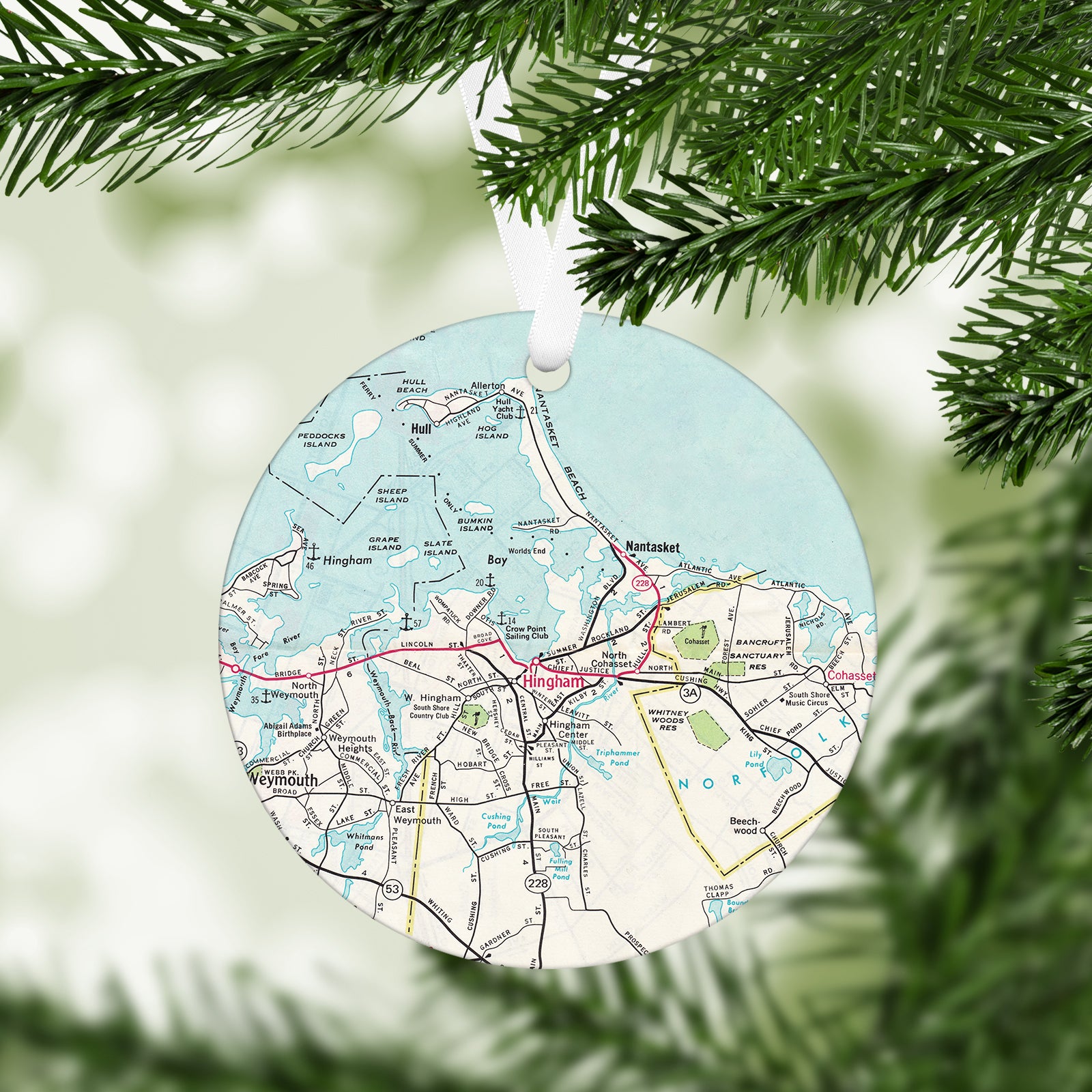 Hingham Massachusetts Vintage Map Ornament