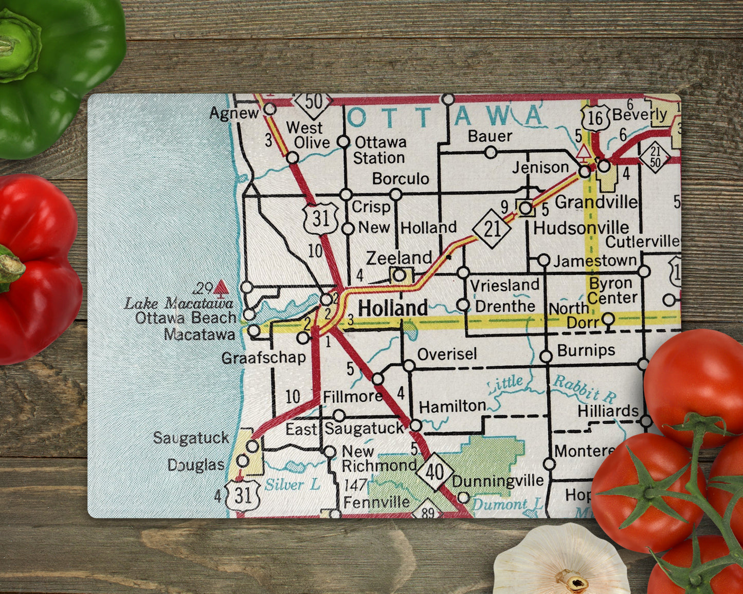 Holland Michigan Vintage Map Glass Cutting Board
