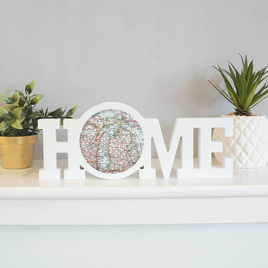 Michigan Vintage Map HOME Sign | White Wood Word Block Shelf Decor