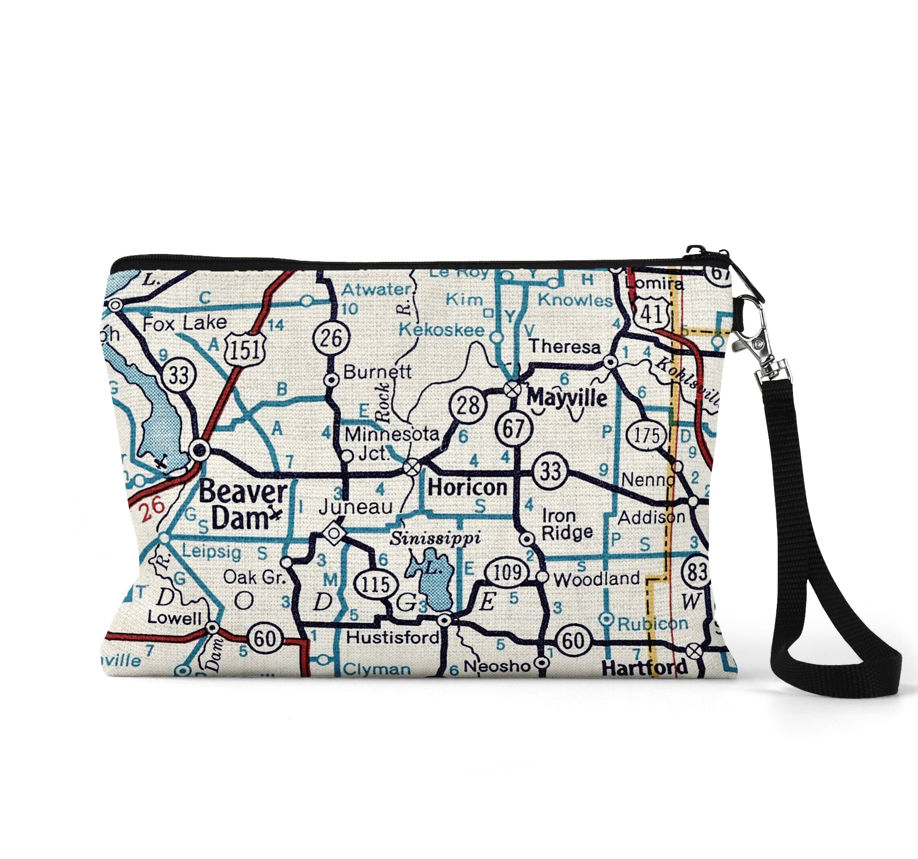 Horicon Wisconsin map wristlet travel pouch