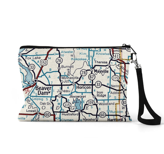 Horicon Wisconsin map wristlet travel pouch
