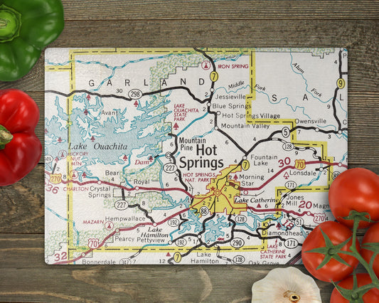 Hot Springs Arkansas vintage map glass cutting board