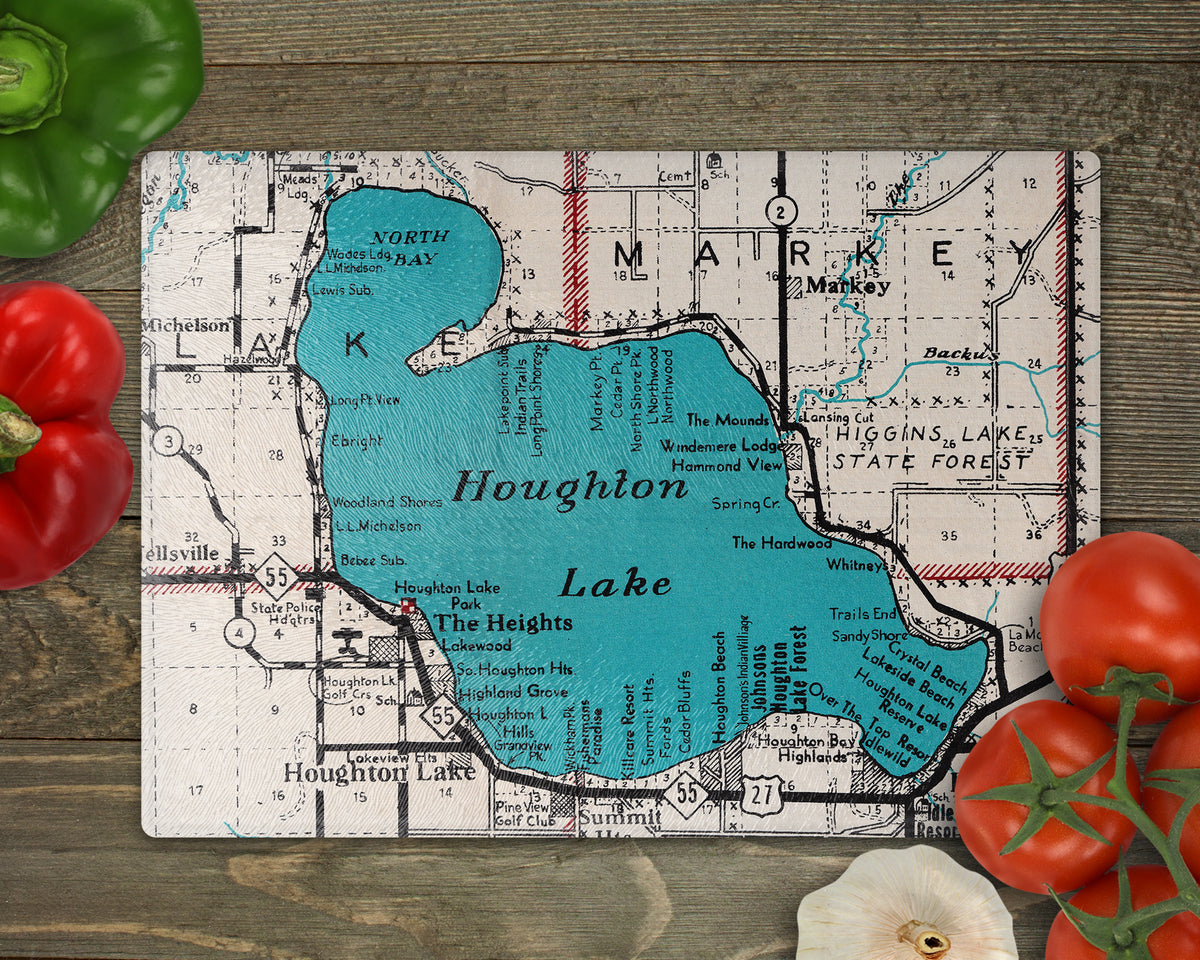 Houghton Lake Michigan Vintage Map Glass Cutting Board | Lake House Gift