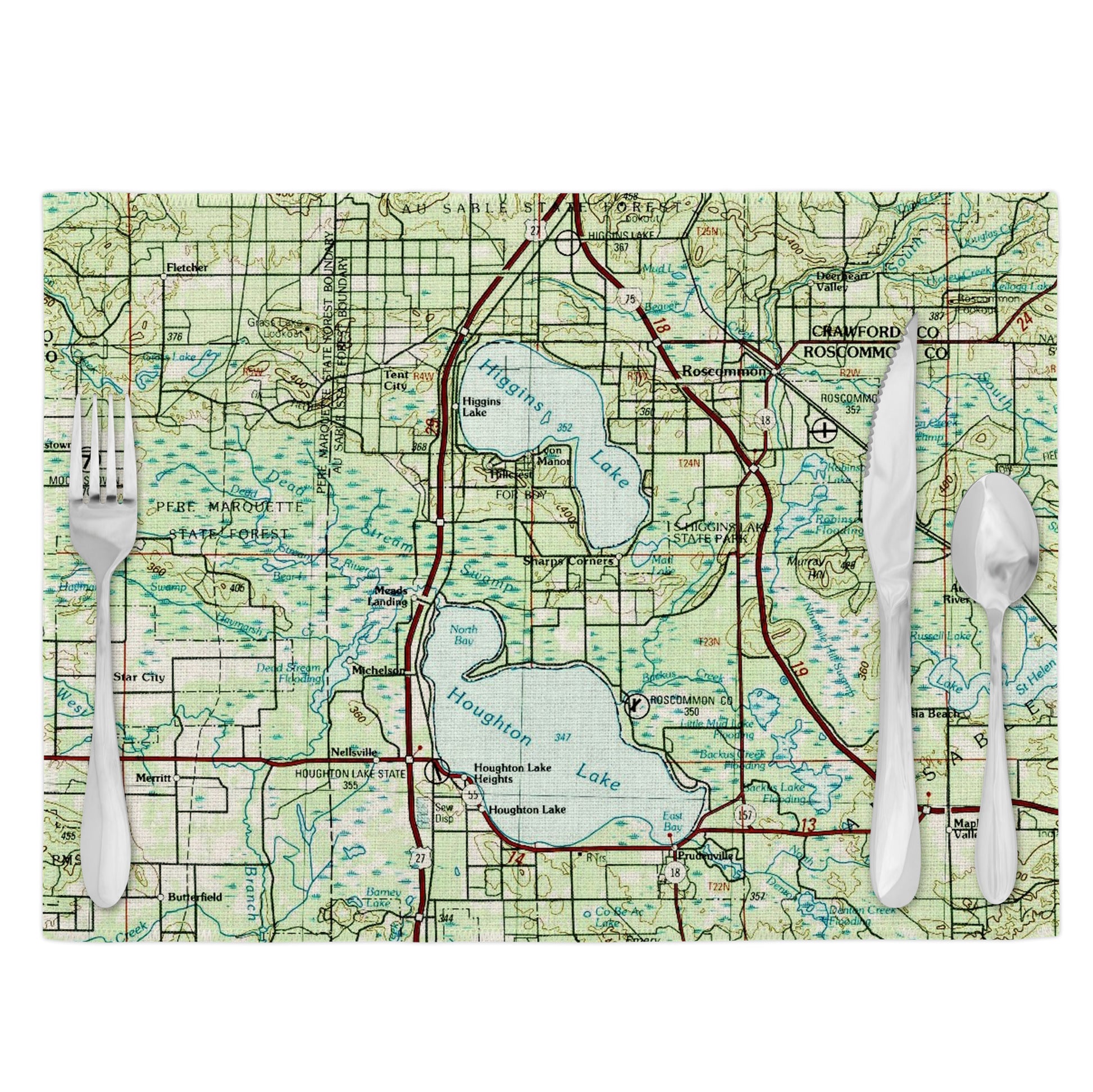 Houghton Lake Michigan Vintage Map Placemats Set of 4