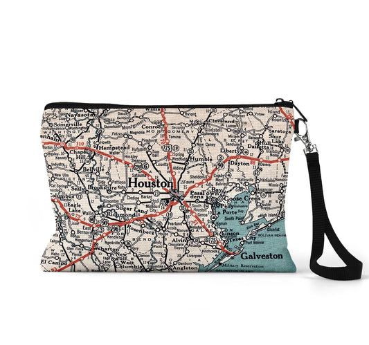 Houston Texas map wristlet travel pouch