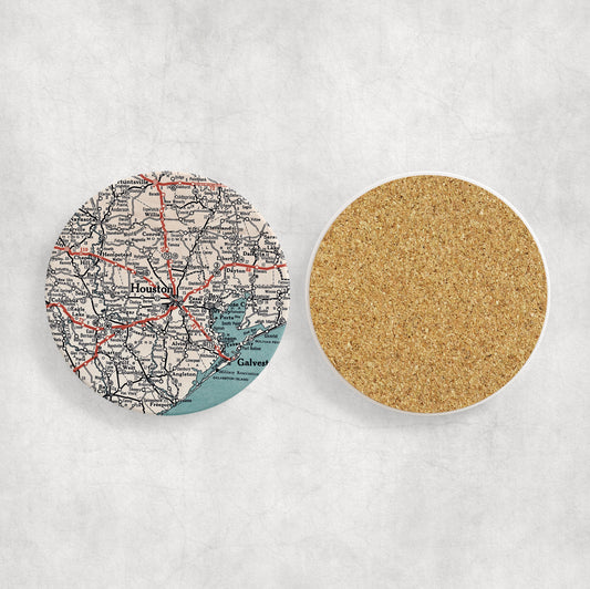 Houston Texas Map Coasters | Set of 4 Vintage Houston Texas Drink Coasters | Travel-Inspired Home Decor