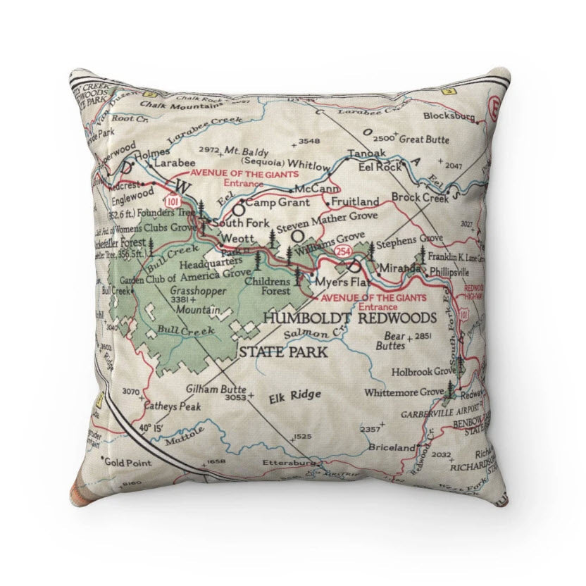Humboldt Redwoods State Park California vintage map pillow