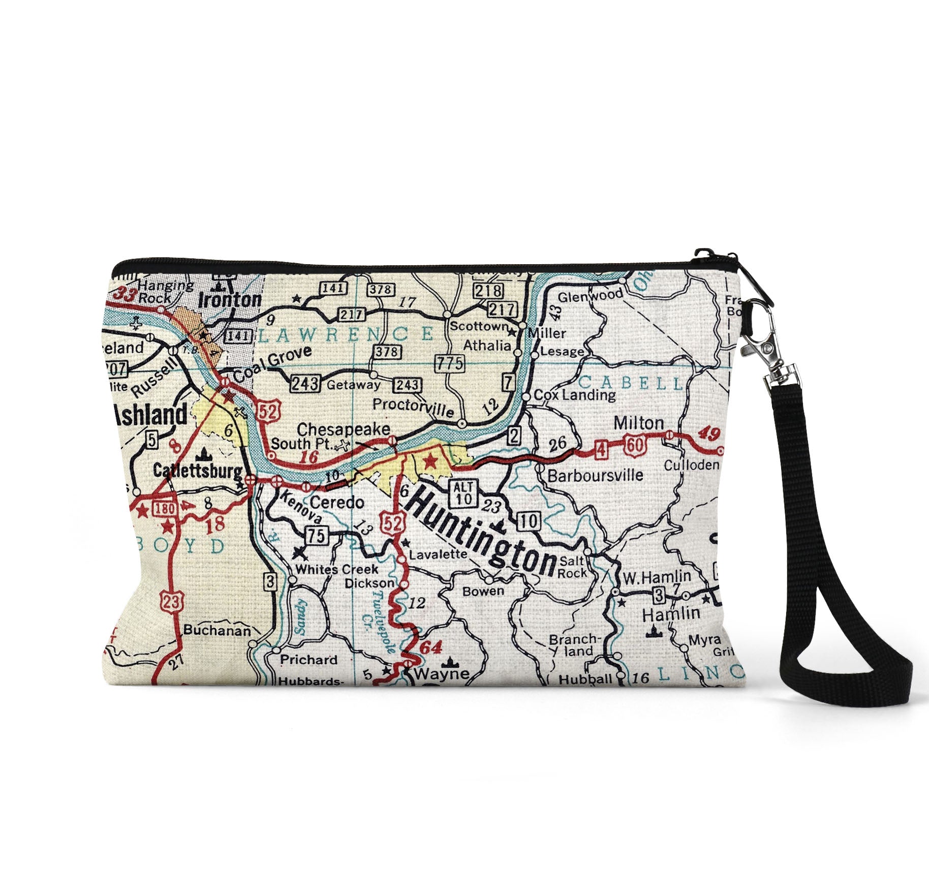 Huntington West Virginia map wristlet travel pouch