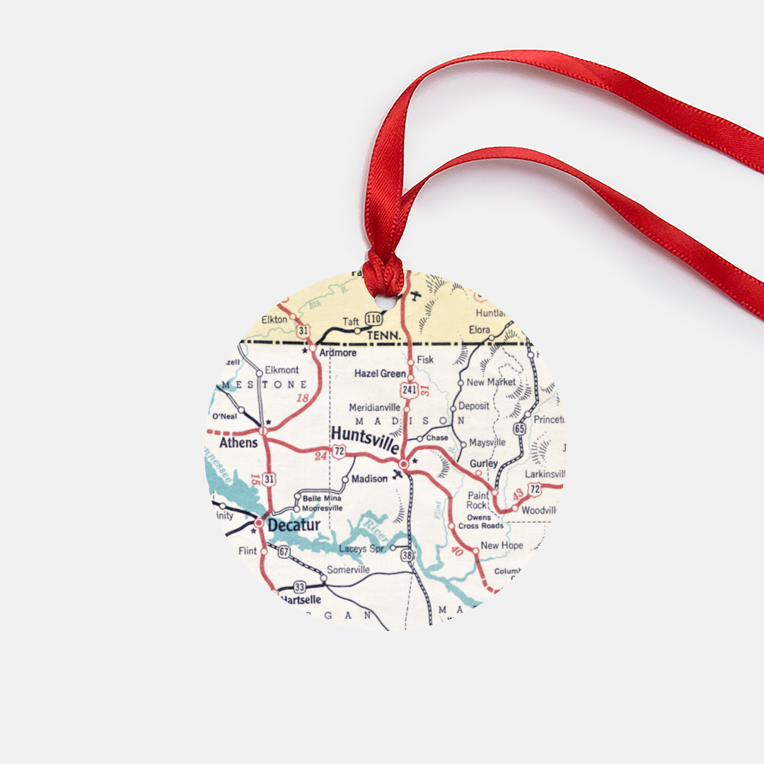 Huntsville Alabama Vintage Map Ornament | Huntsville Alabama Travel Christmas Ornament