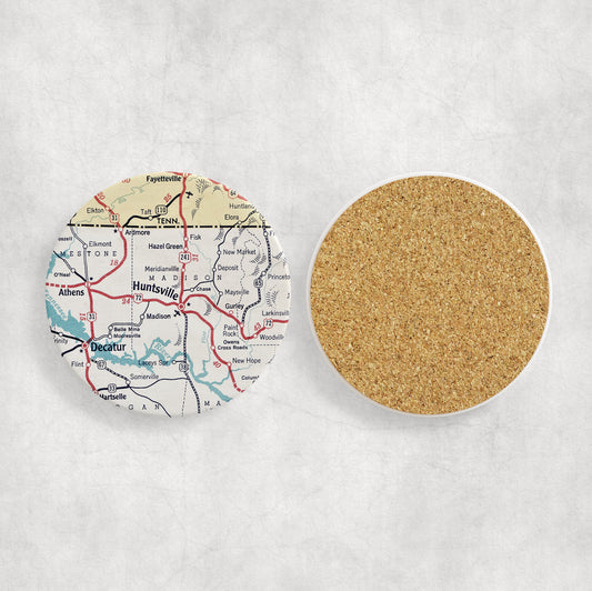 Huntsville Alabama Map Coasters | Set of 4 Vintage Huntsville Alabama Drink Coasters | Travel-Inspired Home Decor