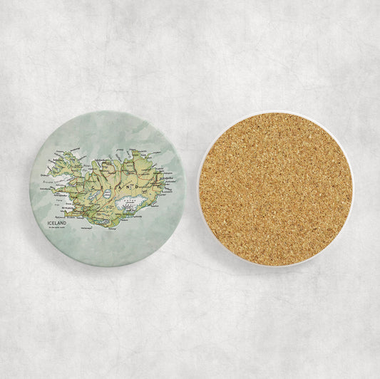 Iceland Map Coasters | Set of 4 Vintage Iceland Travel Drink Coasters | Scandinavian Home Decor