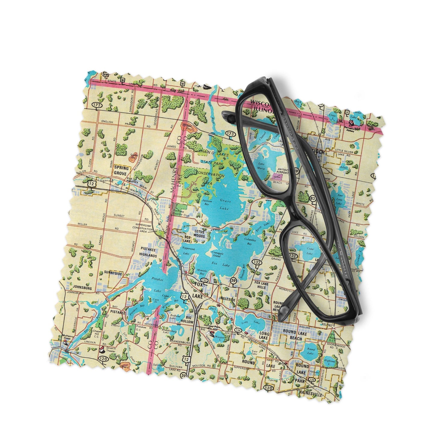 Illinois Chain O' Lakes Map Lens Cloth | Chain O Lakes Microfiber Glasses Cleaner | Travel Gift