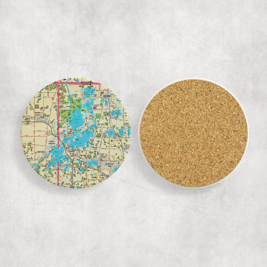 Illinois Chain o Lakes Map Coasters | Set of 4 Vintage Illinois Chain o Lakes Drink Coasters | Travel-Inspired Home Decor
