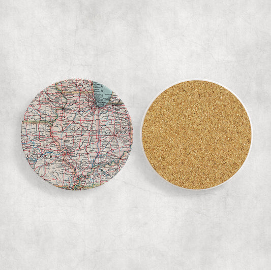 Illinois Map Coaster Set | Vintage Illinois Coasters | Midwest Home Decor Gift