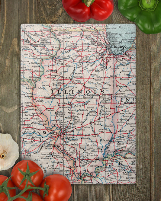 Illinois Glass Cutting Board | Vintage Illinois Map Kitchen Decor | Midwest Gift Idea