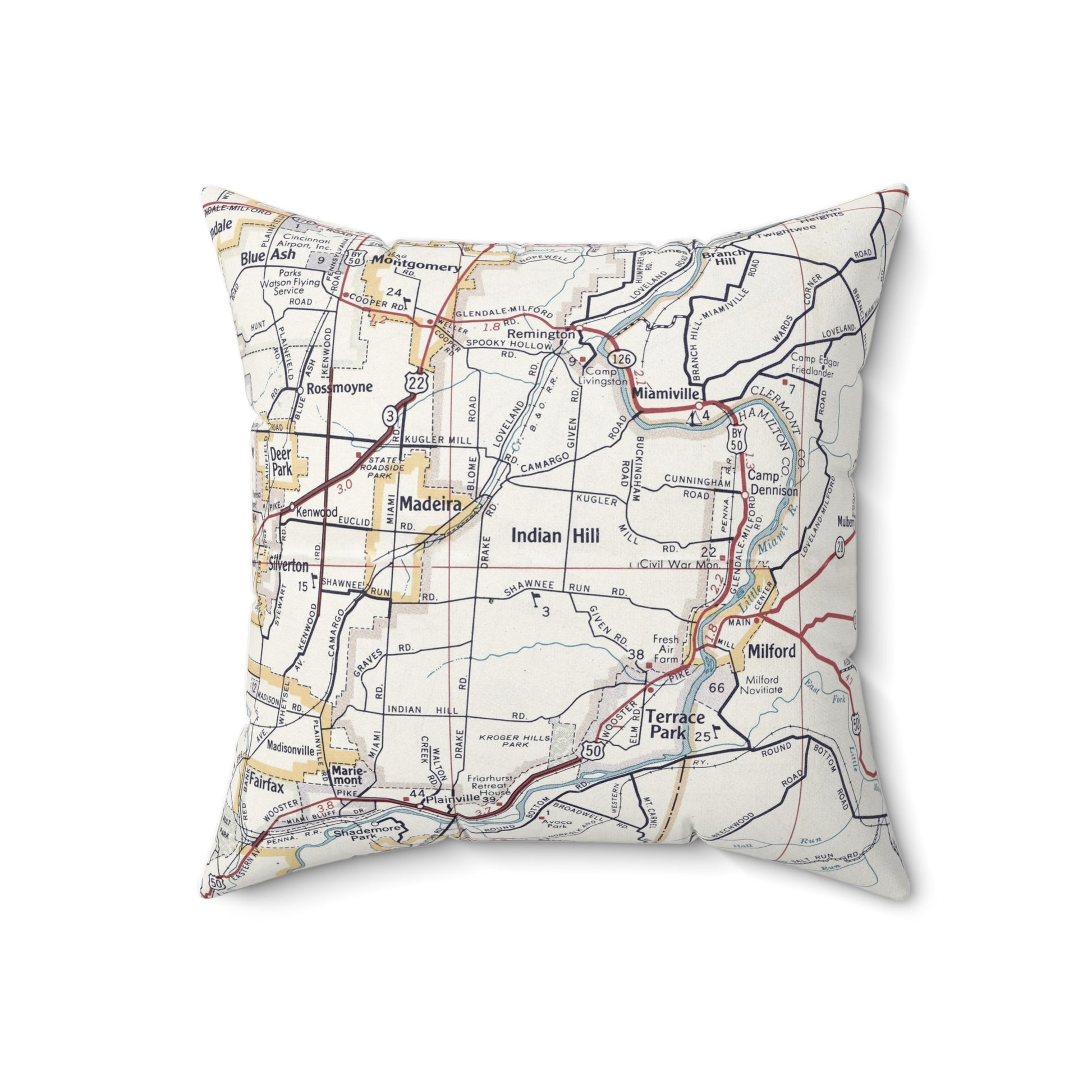 Indian Hill Cincinnati vintage map pillow