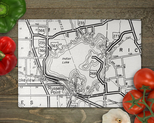 Indian Lake Ohio Vintage Map Glass Cutting Board | Lake House Kitchen Decor | Dishwasher Safe