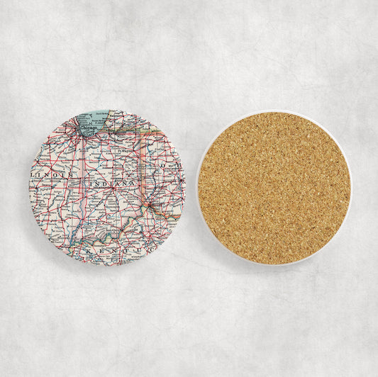 Indiana Map Coasters | Set of 4 Vintage Indiana Drink Coasters | Travel-Inspired Home Decor