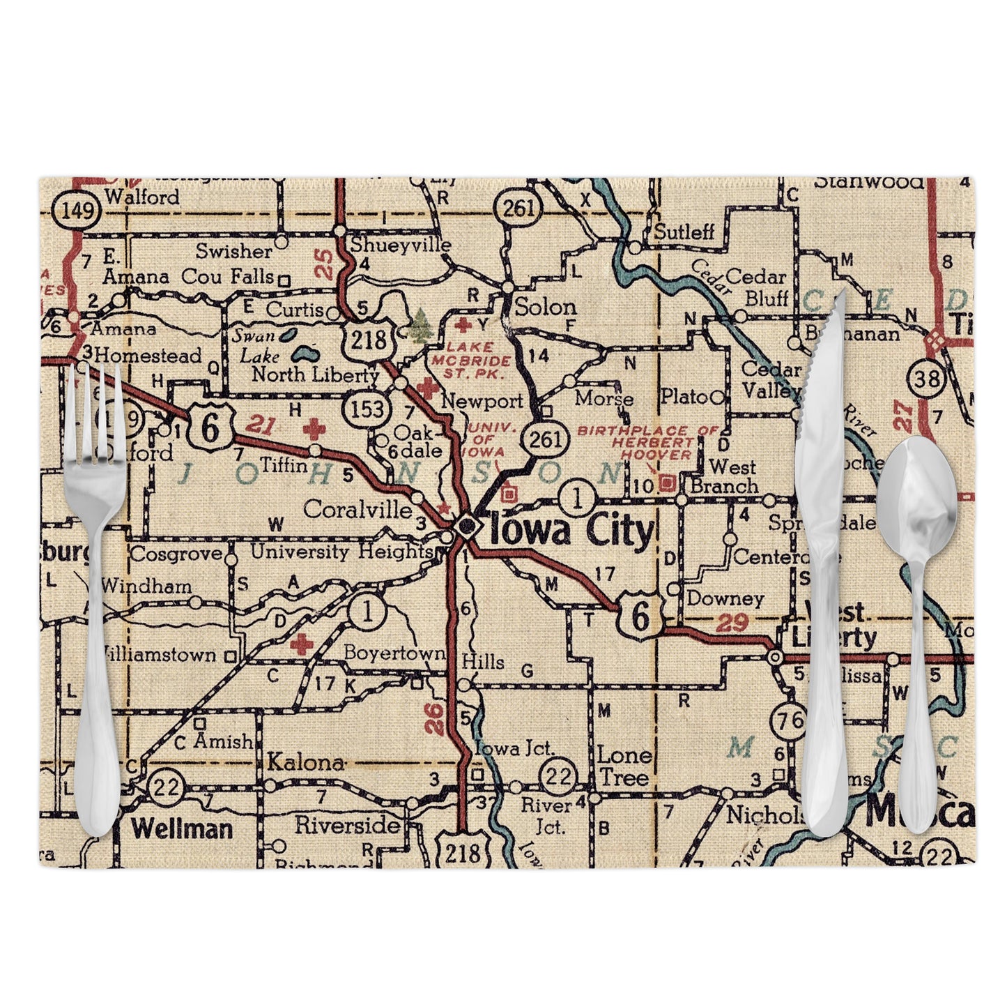 Iowa City Iowa Vintage Map Placemats | Iowa City Iowa Set of 4 Table Placemats