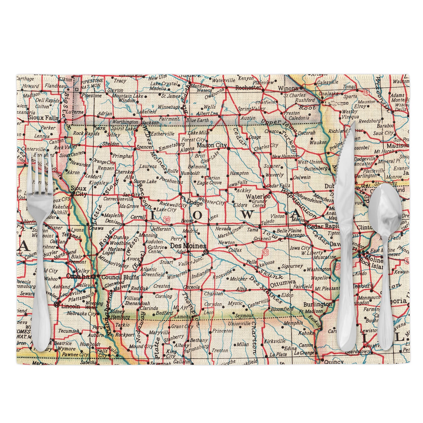 Iowa Vintage Map Placemats | Iowa Set of 4 Table Placemats