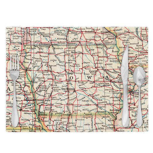 Iowa Vintage Map Placemats | Iowa Set of 4 Table Placemats