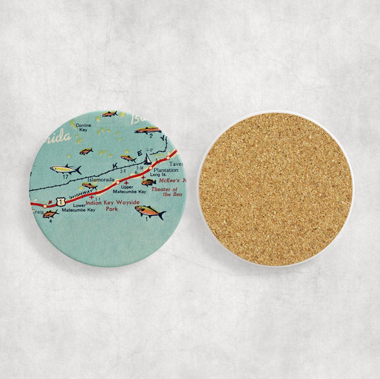 Islamorada Florida Map Coasters | Set of 4 Vintage Islamorada Florida Drink Coasters | Travel-Inspired Home Decor