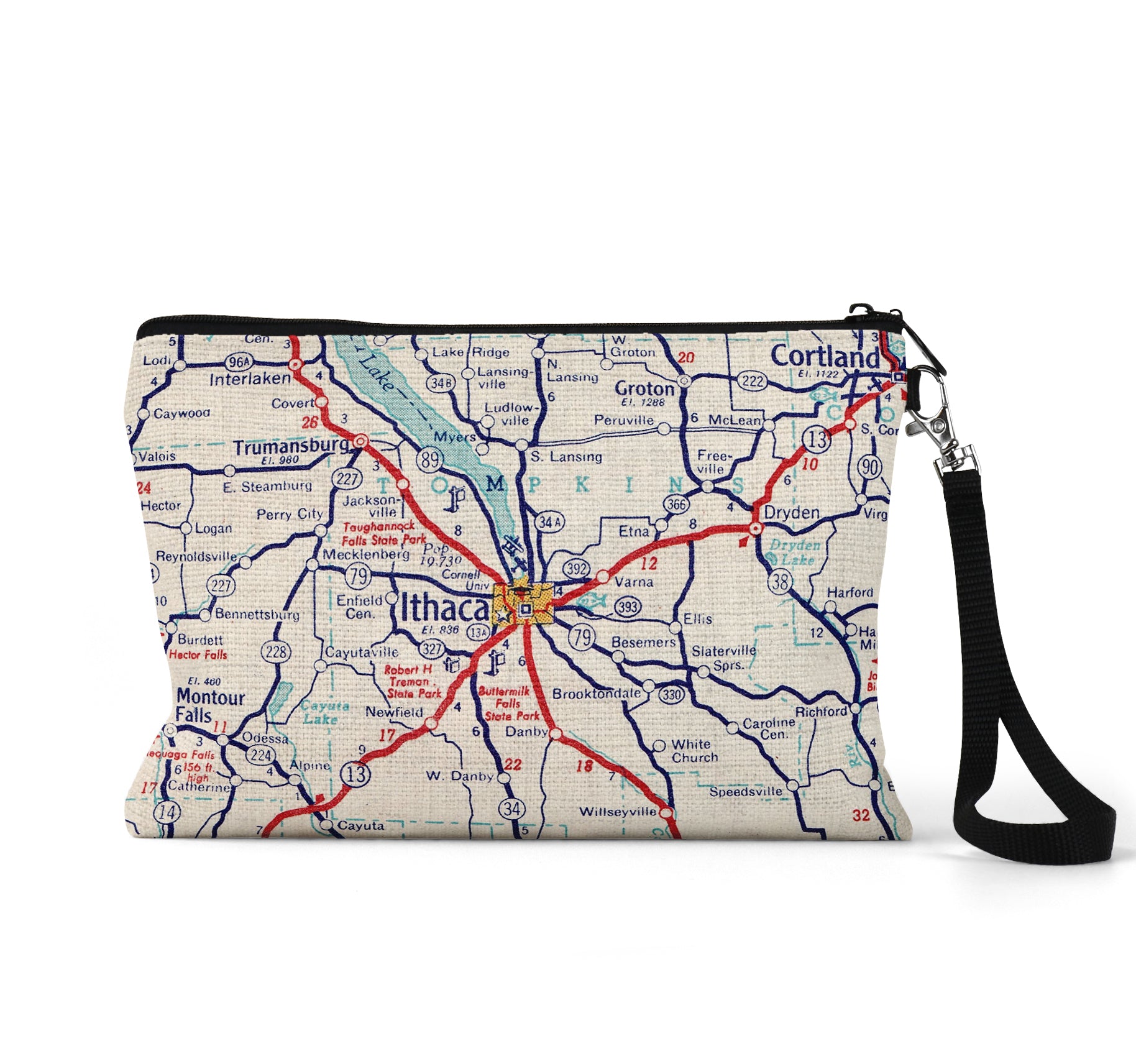 Ithaca New York map wristlet travel pouch