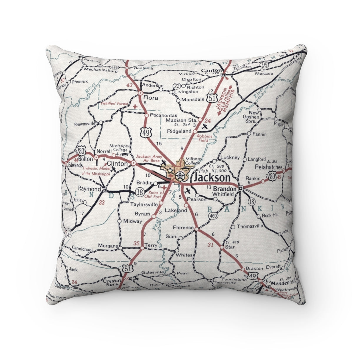 Jackson Mississippi vintage map pillow