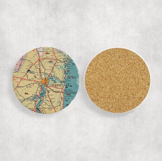 Jacksonville Florida Map Coasters | Set of 4 Vintage Jacksonville Florida Drink Coasters | Travel-Inspired Home Decor