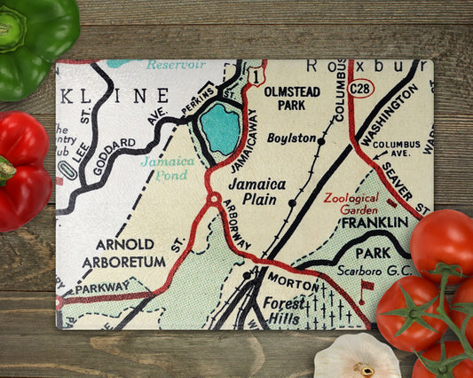 Jamaica Plain Massachusetts Vintage Map Glass Cutting Board | Boston Neighborhood Kitchen Decor | Dishwasher Safe