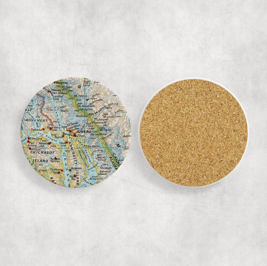Juneau Alaska Map Coasters | Set of 4 Vintage Juneau Alaska Drink Coasters | Travel-Inspired Home Decor