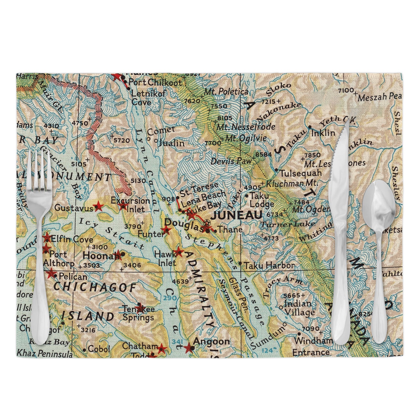 Juneau Alaska Vintage Map Placemats | Juneau Alaska Set of 4 Table Placemats