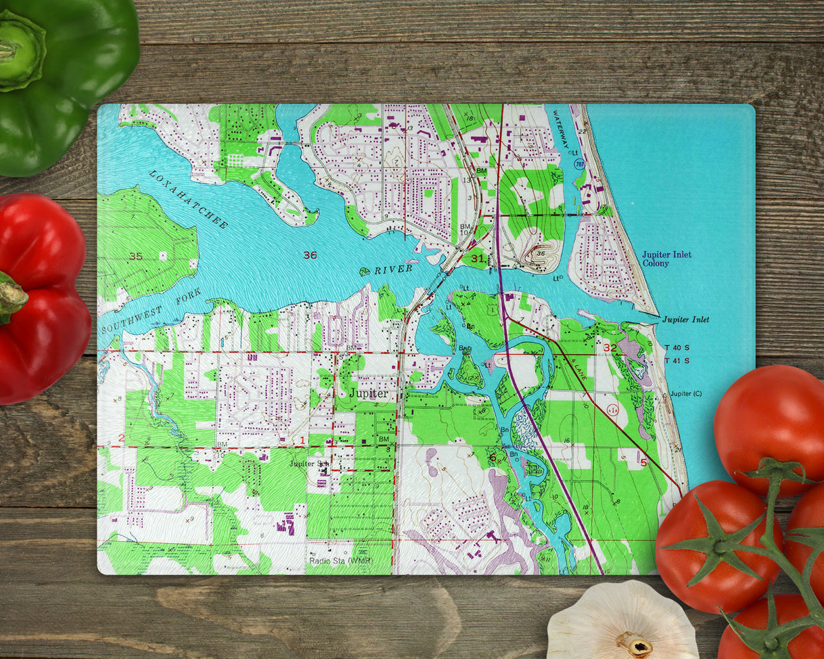 Jupiter Florida Vintage Map Glass Cutting Board | Beach House Gift