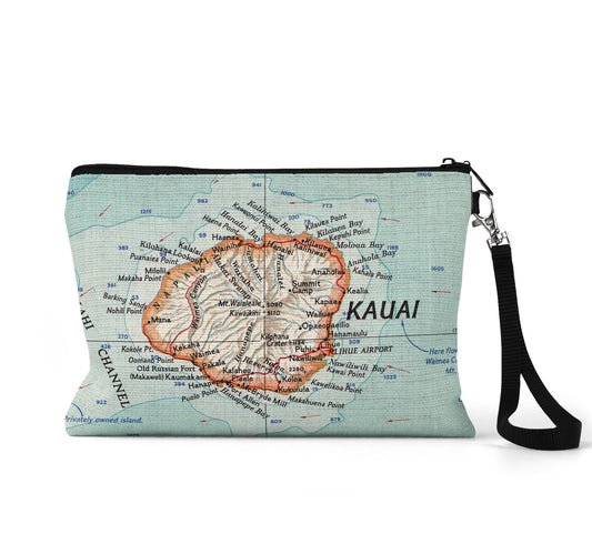 Kauai Hawaii map wristlet travel pouch