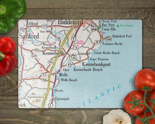Kennebunkport Maine Vintage Map Glass Cutting Board